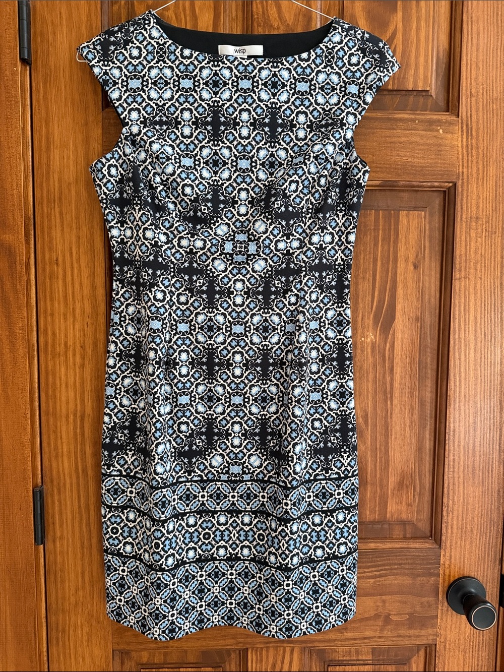 Cap-Sleeve Black and Light Blue Printed Sheath Dress